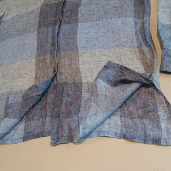 VTG Doncaster Blouse Women's 14 100% Linen Blue Plaid Button Down Sheer Top - Picture 8 of 11